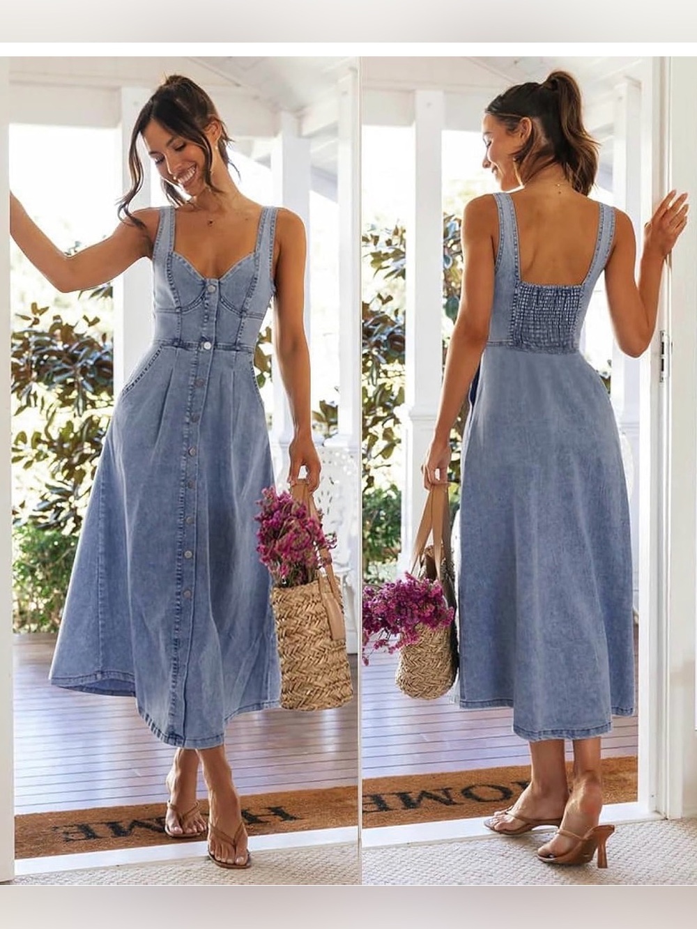 Blue Denim Button-Front Maxi Dress